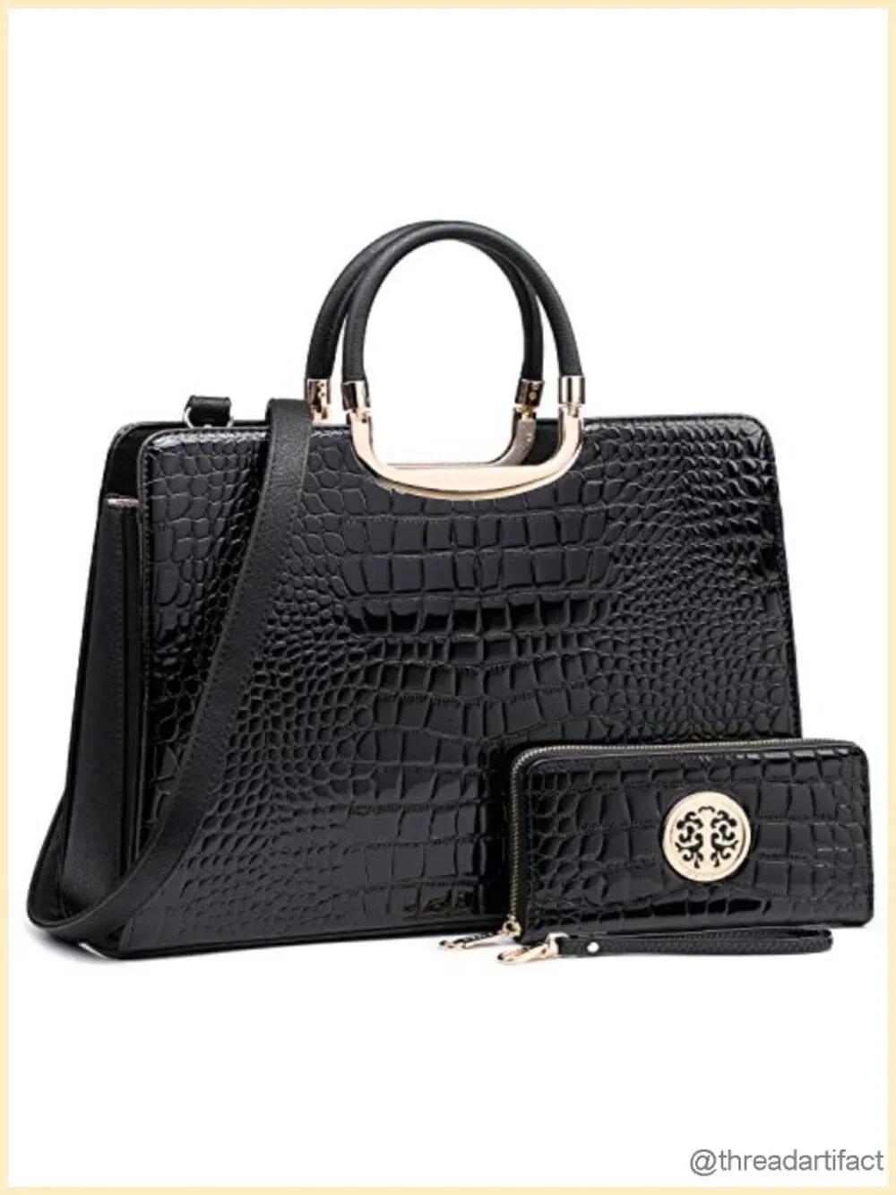 Vegan PU Croco Textured Satchel Purse with Matching Wristlet
